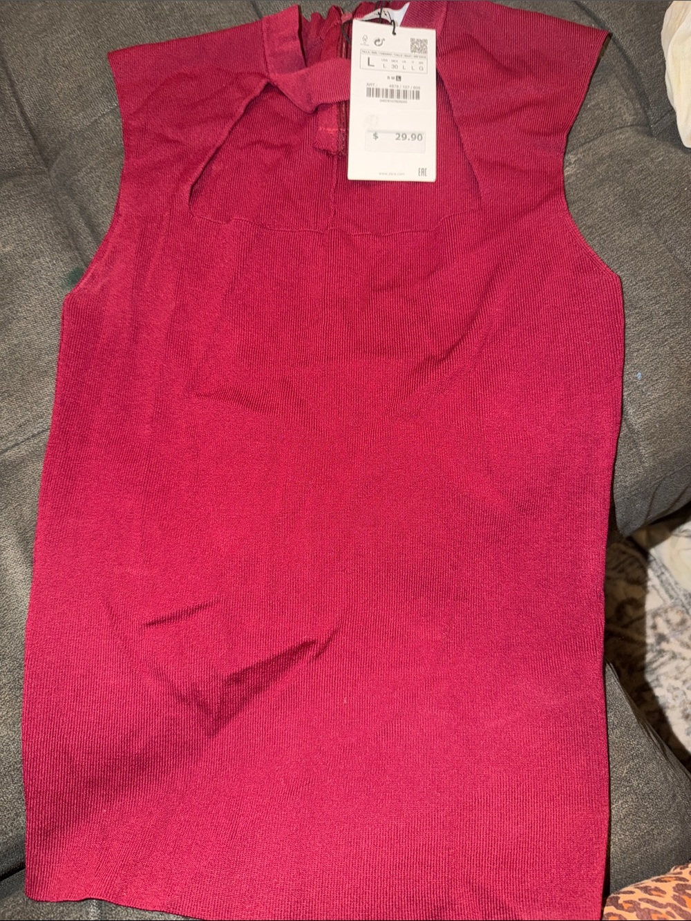 Zara dark red  Tie-Neck Sleeveless Knit Top